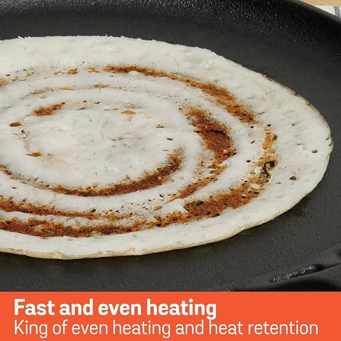 Meyer Pre-Seasoned Cast Iron Flat Dosa|Roti|Chapati Tawa Pan with Stick Handle 28cm|Black