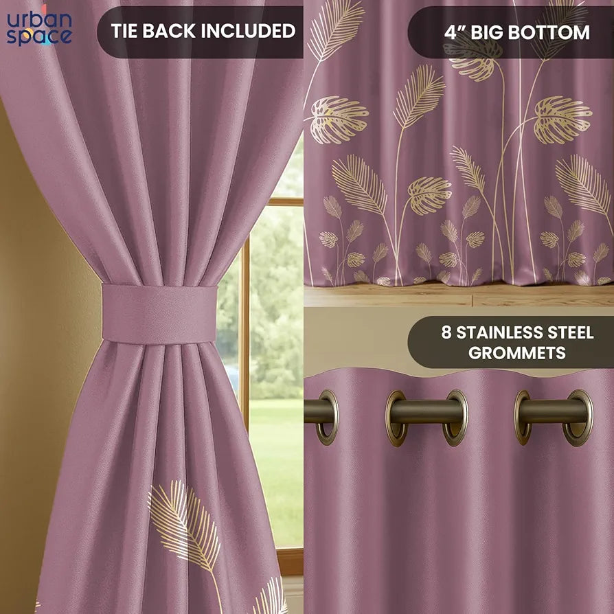 Urban Space Blackout Curtains for Living Room, Gold Foil Printed Luxurious Blackout Decorative Door Curtain Eyelet with Tieback 1 Piece Aurika Mauve Colour