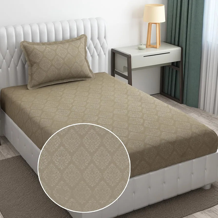 Fresh From Loom Single Bed Bedsheet Microfiber Rotary Printed with 1 Pillow Covers 144 TC Dark Beige Damas