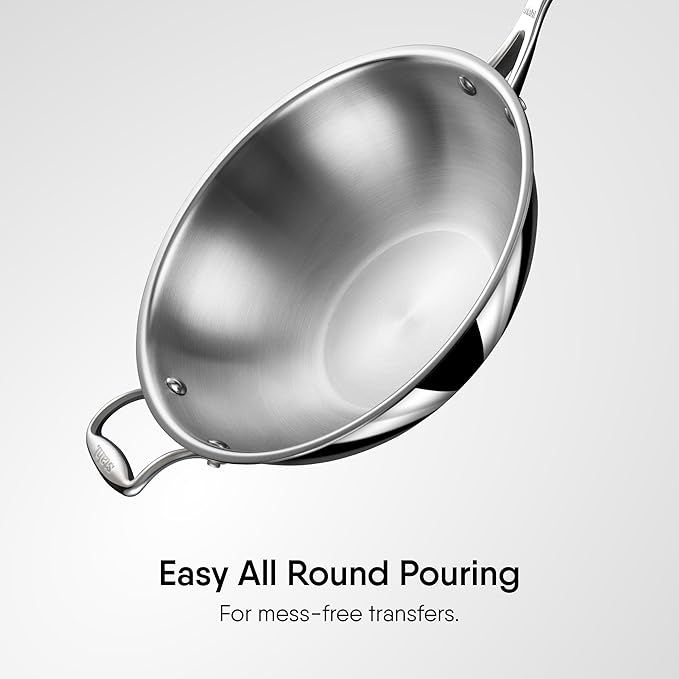 Stahl Artisan Triply Stainless Steel Wok With Lid | Stir Fry Wok | Induction & Gas Stove Compatible | 3.3 L | 26 Cm