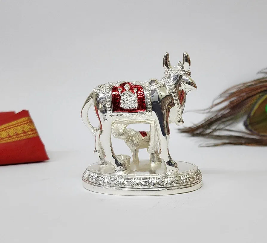 Gold Art India Kamdhenu Cow and Calf Idol with Red Accents Shiny Silver Finish | 7.62 cm