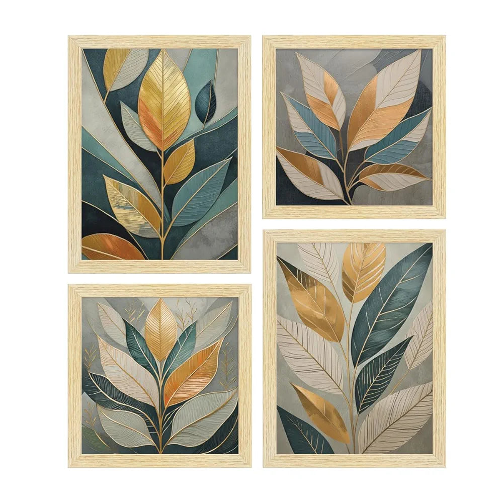 ArtX Paper Golden Leaves Botanical Art Paintings With Frame Set of 4
