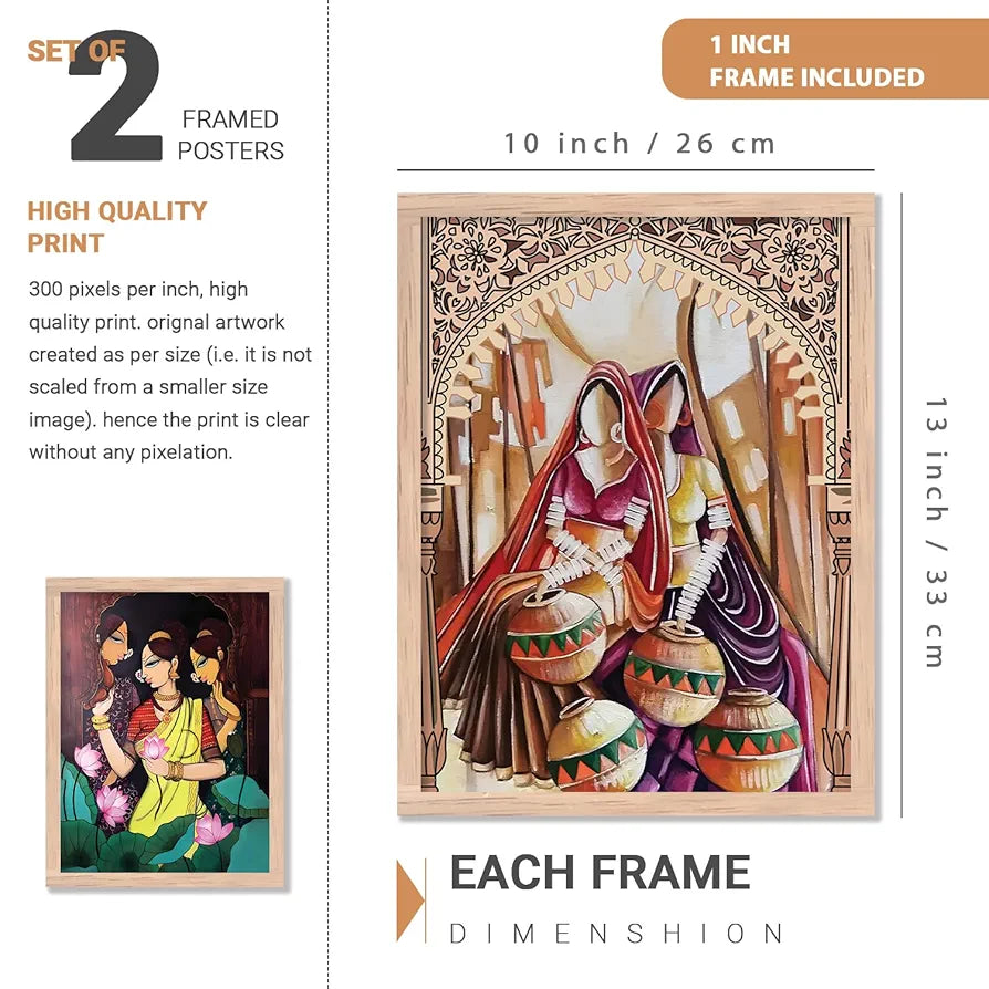Kotart Traditional Woman Painting with Frame for Home Decoration Madhubani Art Painting Pack of 2 Design04