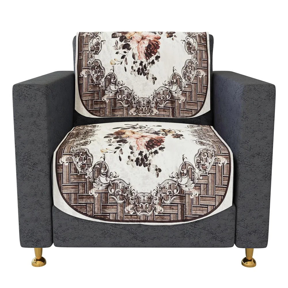 Kuber Industries Velvet Sofa Cover Set Brown Colour 5 Seater Couch Cover with Check Border Pattern