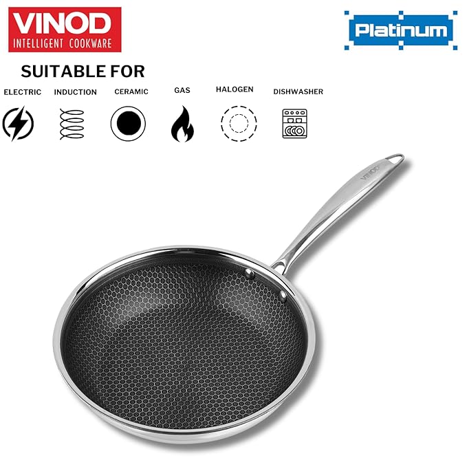 Vinod SAS Pro Platinum Triply Stainless Steel Non Stick Non Stick Frypan - 22 cm | Ceramic Coating | Honeycomb Design | Steel Handle | Induction Base
