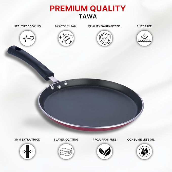 Vinod Zest Aluminium Non Stick Dosa Omni Tawa - 28cm | 4mm Extra Thick | 3 Layer Ceramic Coat | Bakelite Handle