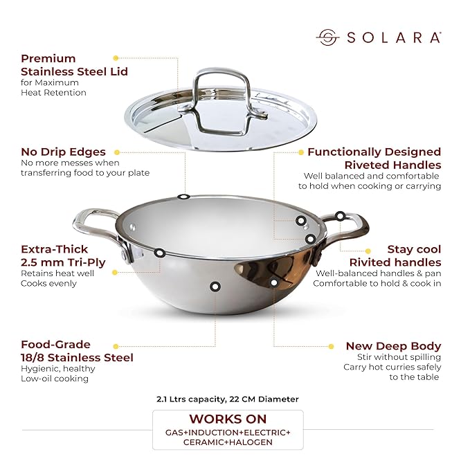 Solara Stainless Steel Triply Kadhai With Lid - 22 Cm | Induction Friendly | Triply Stainless Steel Cookware | Kadai With Lid