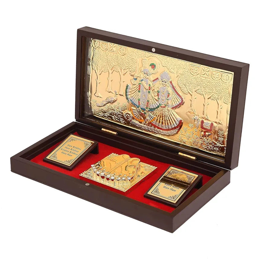 Jaipur Ace Gold Plated Radhe Shyam Charan Paduka Yantra Devotional Prayer Box Wooden Momento With Natural Fragrance
