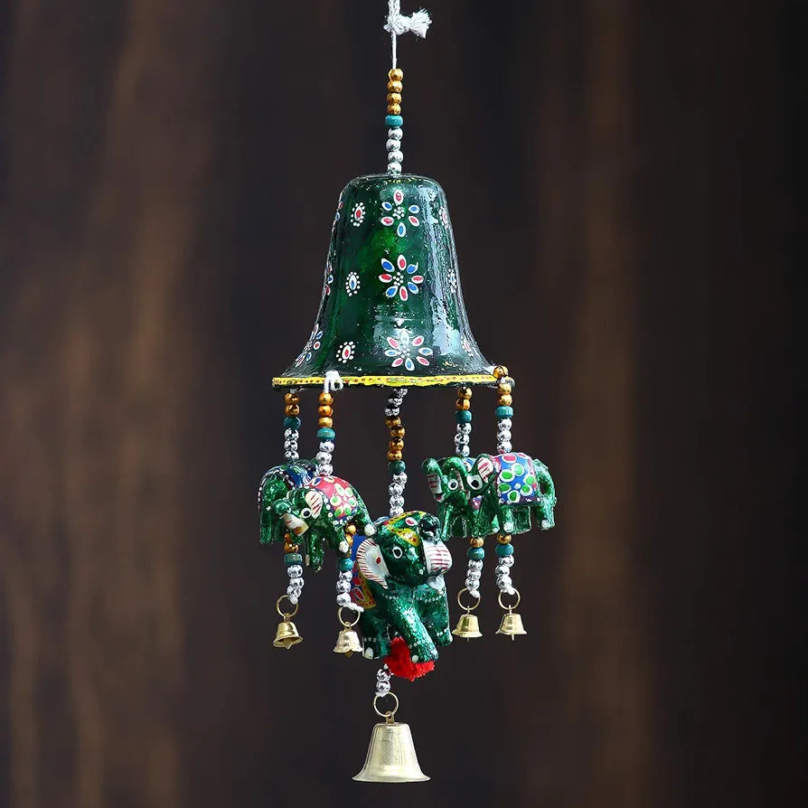 eCraftIndia Multicolor Handcrafted Decorative Bell Shaped Five Elephant Statues Door Wall Hanging STRELE503