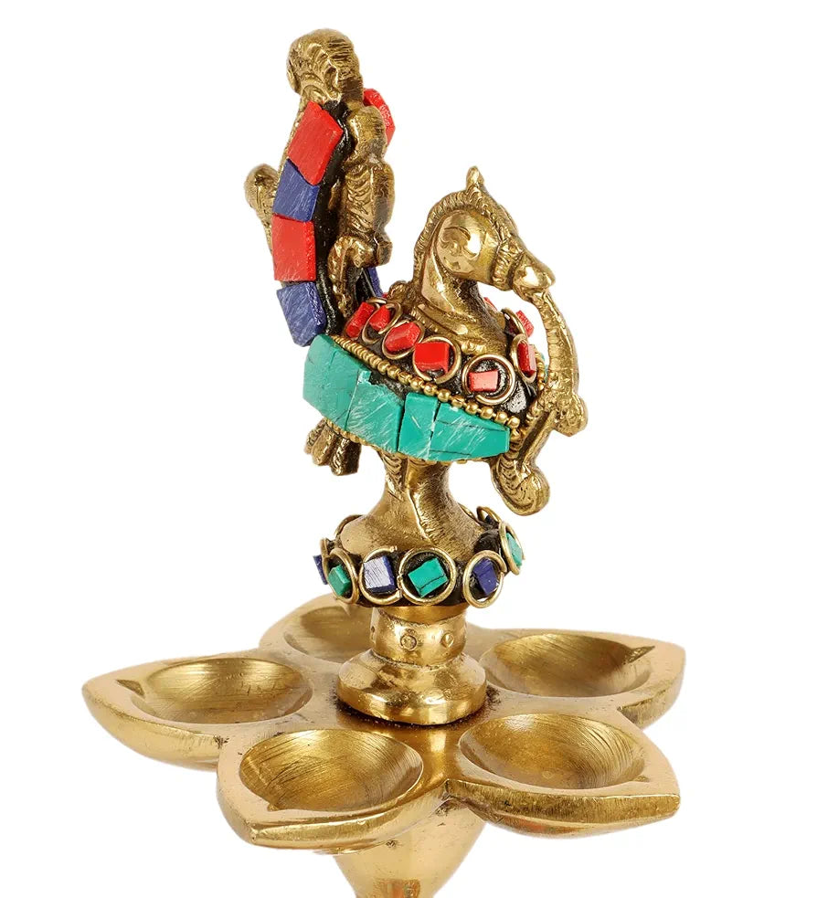 Two Moustaches Gemstone Work Peacock Over Ethnic Carved Legs Five Oil Wick Brass Diya
