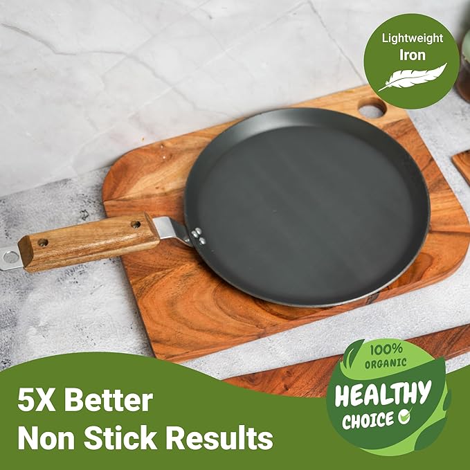 Femora 10 Inchs Iron Flat Tawa With Wooden Handle | Tawa for Roti