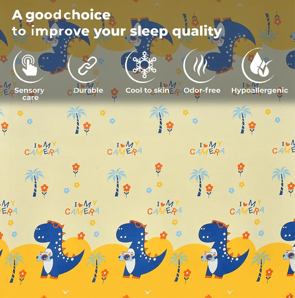 Fresh From Loom Glace Cotton Elastic Fitted Bed Sheet Cartoon Printed Dino 144 Tc Multicolor Cream and Blue Double Bed