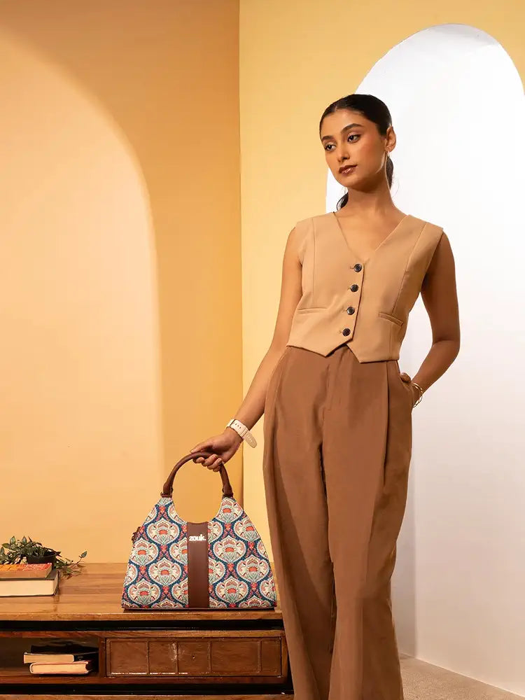 Zouk Konkona Statement Satchel Bag Jute & Leather