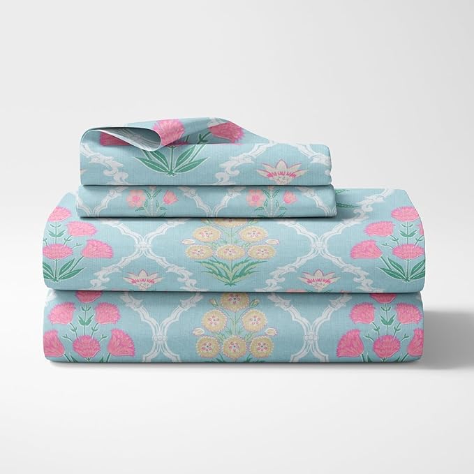 Haus & kinder Cotton Queen Size Bedsheet for Double Bed 90 X 100 Inches) with 2 Pillow Covers | 186 TC |Blue Floral Geometry