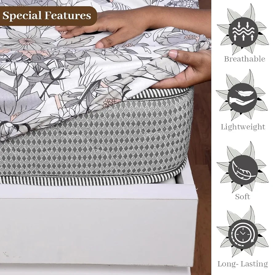 Divine Casa 144 TC Floral Grey 100% Cotton Elastic Fitted Bedsheets King Size with 2 Pillow Covers Colour Griffin