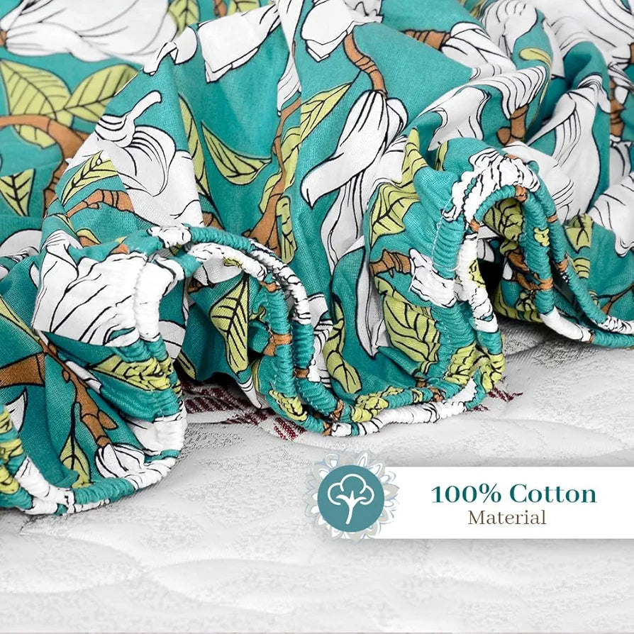 Divine Casa 144 TC Cotton Floral Print King Size Double Bed Elastic Fitted Bedsheet with 2 Pillow Cover Colour Aruba Blue
