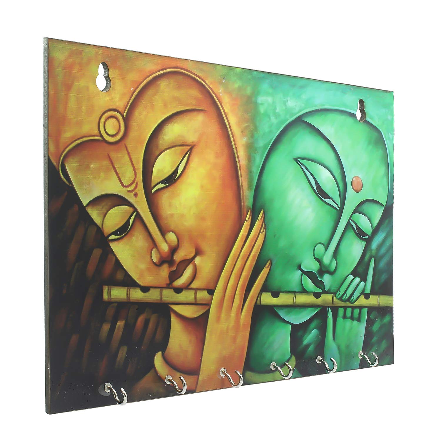 Ecraftindia Radhe Krishna Theme Wooden Key Holder With 6 Hooks