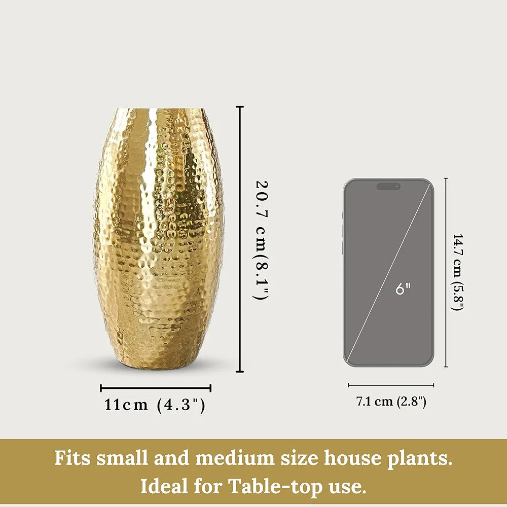 Behoma Metal Golden Full Hammered Oblong Shape 1 Large Pcs Flowers not Included