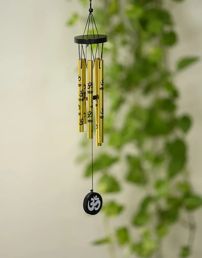 Tej Gifts Feng Shui Metal Wind Chime with Om Printed 5 Pipes Golden Medium