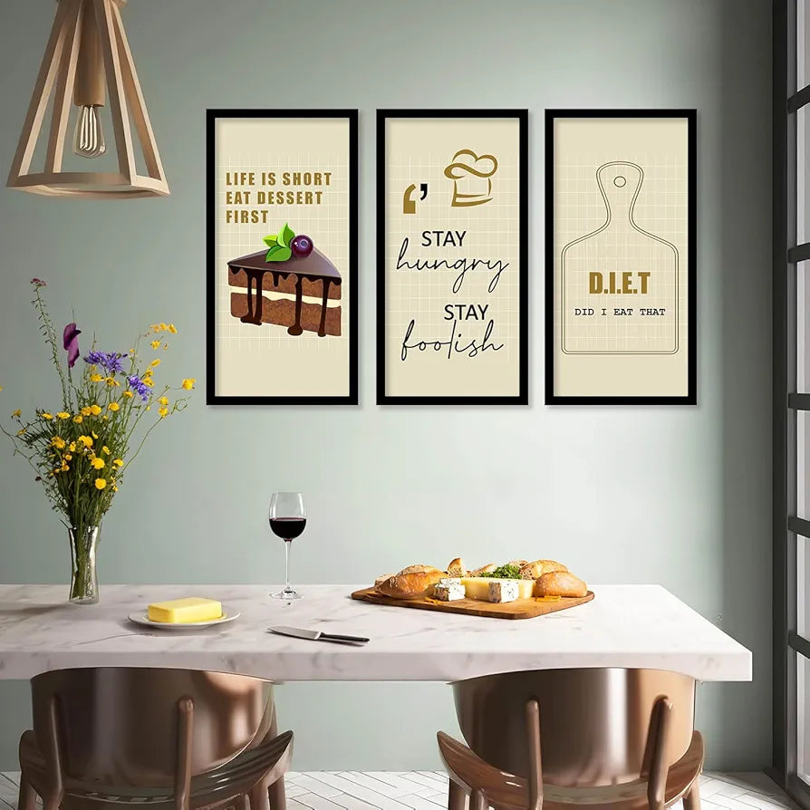 Kotart Quotes Posters with Frame for Restaurant Life Is Short Set of 3