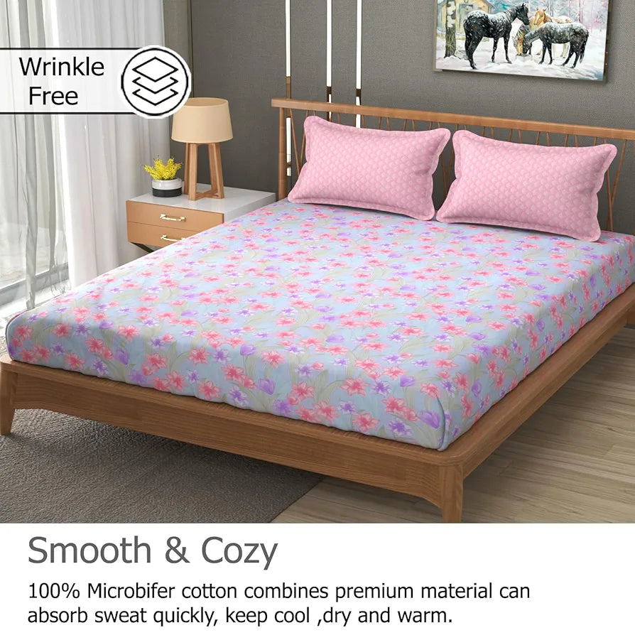 Fresh From Loom Floral XXL Microfiber Soft Cotton 240 TC King Size Hypoallergenic Bedsheet for Double Bed with 2 Pillow Cover Tropical Blue