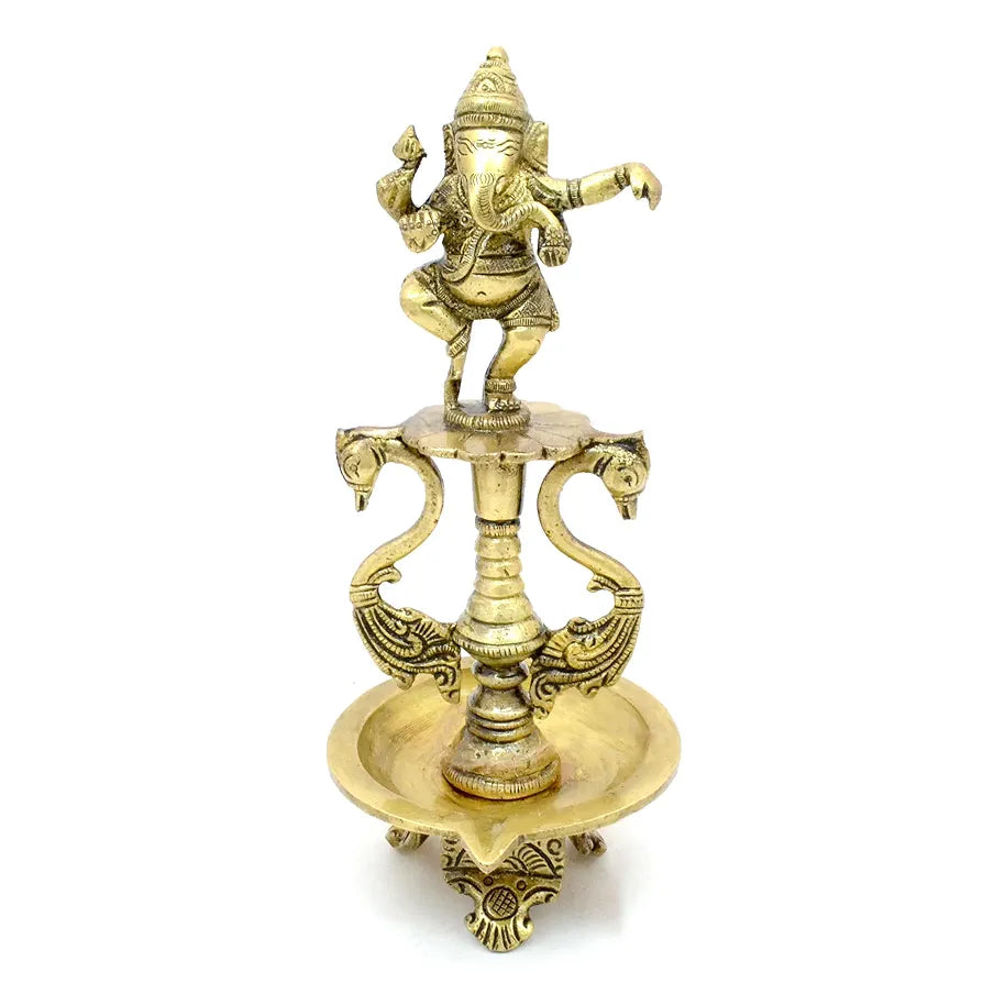 Two Moustaches Brass Dancing Ganesha Oil Diya with Base