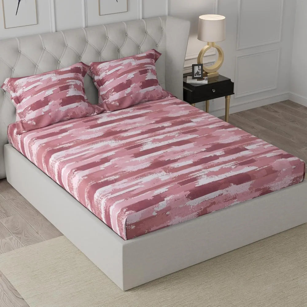 Cloth Fusion 186tc Glace Cotton Elastic Fitted Bedsheet for Double Bed King Size with 2 Pillow Covers Rosewater Stripes