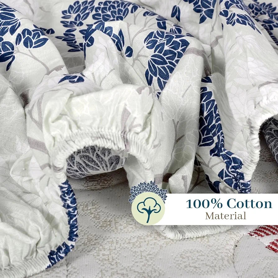 Divine Casa 144 TC 100% Cotton Floral Pattern Elastic Fitted Queen Size Bedsheet with 2 Pillow Covers Cream & Brown Print Ideal Colour Harbor Mist