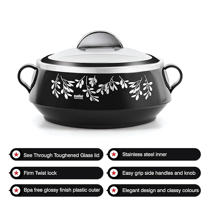 Cello Glitter Casserole With Inner Steel | Insulated Stainless Steel Inner Body Casserole Set for Meal | Set Of 3