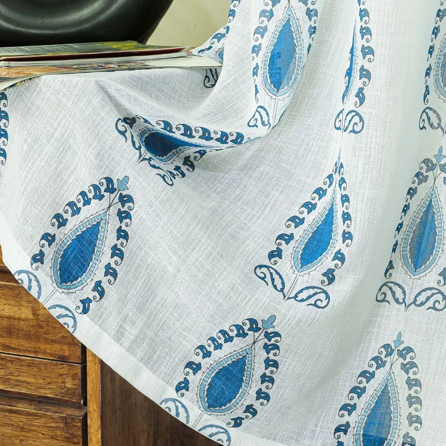 Homadorn Linen Sheer Printed Semi Transparent Curtains for Window Set of 2 Blue Motifs