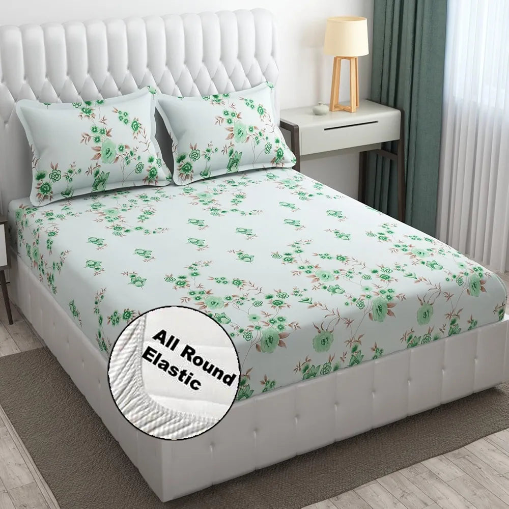 Fresh From Loom Floral Print 240 TC Microfiber Fitted King Size Bedsheet Set with 2 Pillow Cover Soft-Cyan