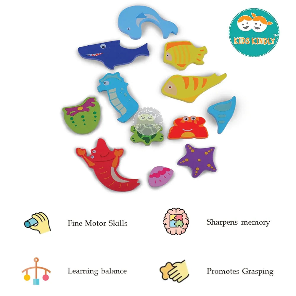 KIDS KINDLY Wooden Stacking and Sorting Puzzle - Sea Animals Theme, Jigsaw Puzzle, Wooden Toys for Kids, Age 3+