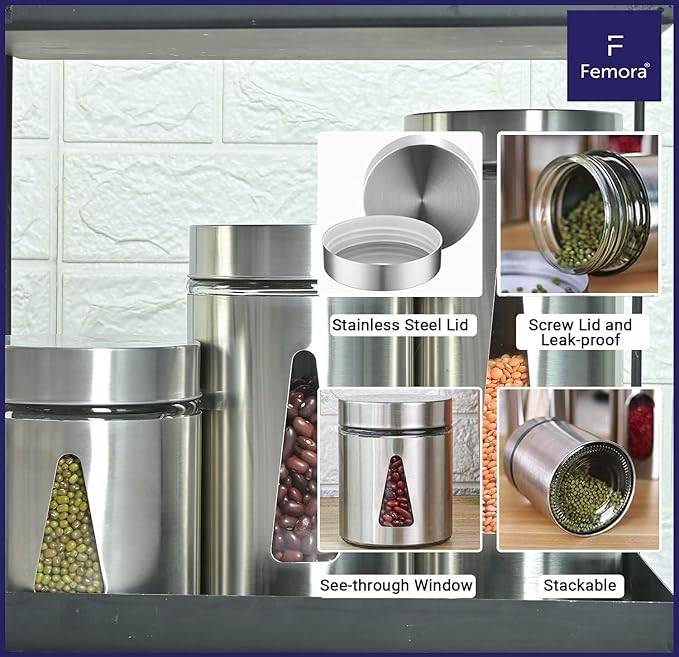 Femora Kitchen Storage Jars Steel Finish With See Through Window Jar | 700 Ml | Pack of 6 | Silver