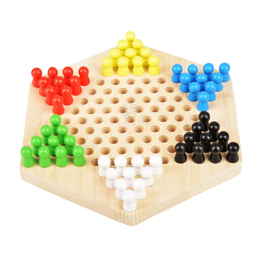 Trinkets & More - Wooden Chinese Checkers Hexagon with Wooden Marbles Board Games Superb Family Game Perfect Adults and Kids Gift Fun Toys 3+ Years 