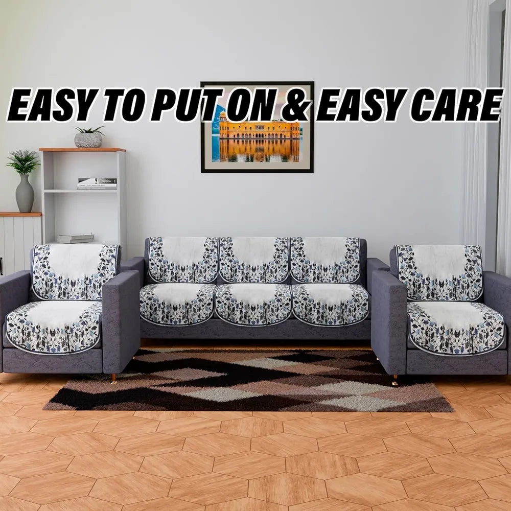 Kuber Industries 5 Seater Couch Cover Set Blue Digital Leaf Sofa Slipcover Gray