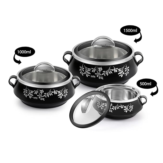Cello Glitter Casserole With Inner Steel | Insulated Stainless Steel Inner Body Casserole Set for Meal | Set Of 3