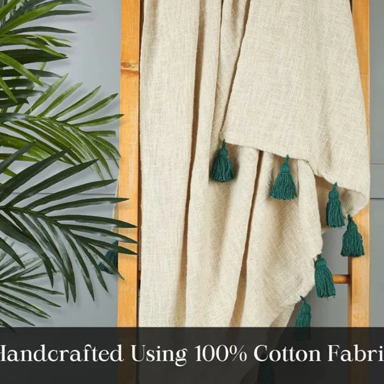 Homadorn TC 250 100% Cotton Off White Throw Blanket with Handmade Colorful Tassel Colour Bottle Green