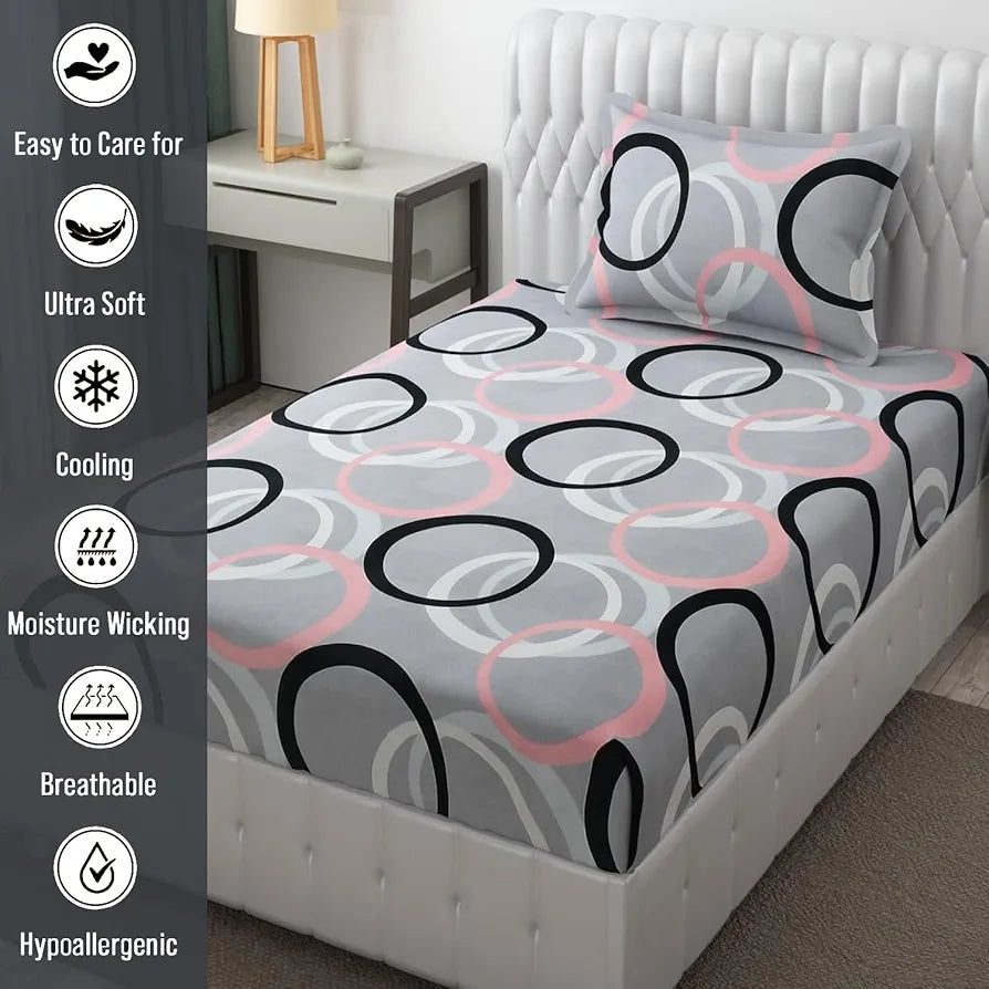 Fresh From Loom Wrinkle Free Hypo Allergenic Single Bedsheet for Single Bed Spread with 1 Pillow Covers 144 TC Circle Grey