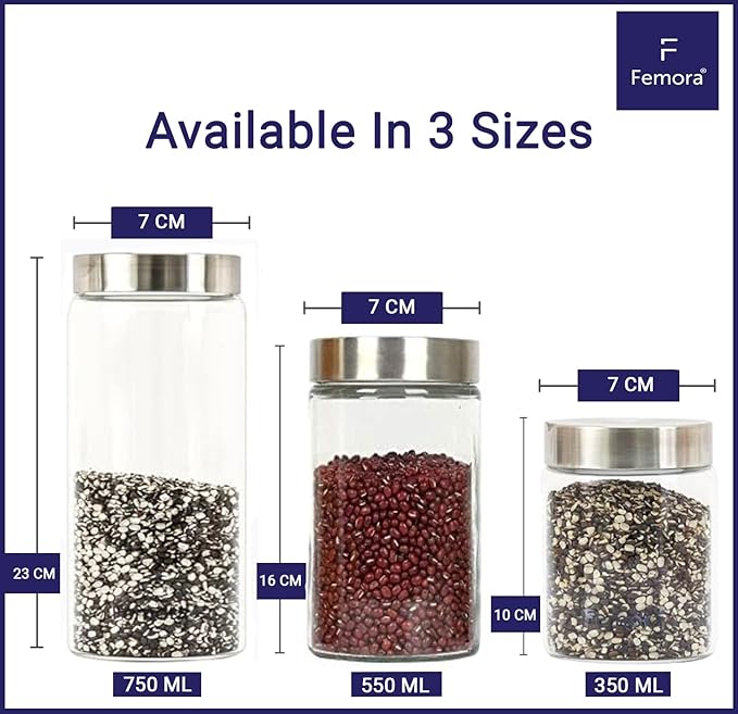 Femora Kitchen Storage Jars Borosilicate Glass With Steel Lid Air Tight Jar | 750 Ml | Pack of 2