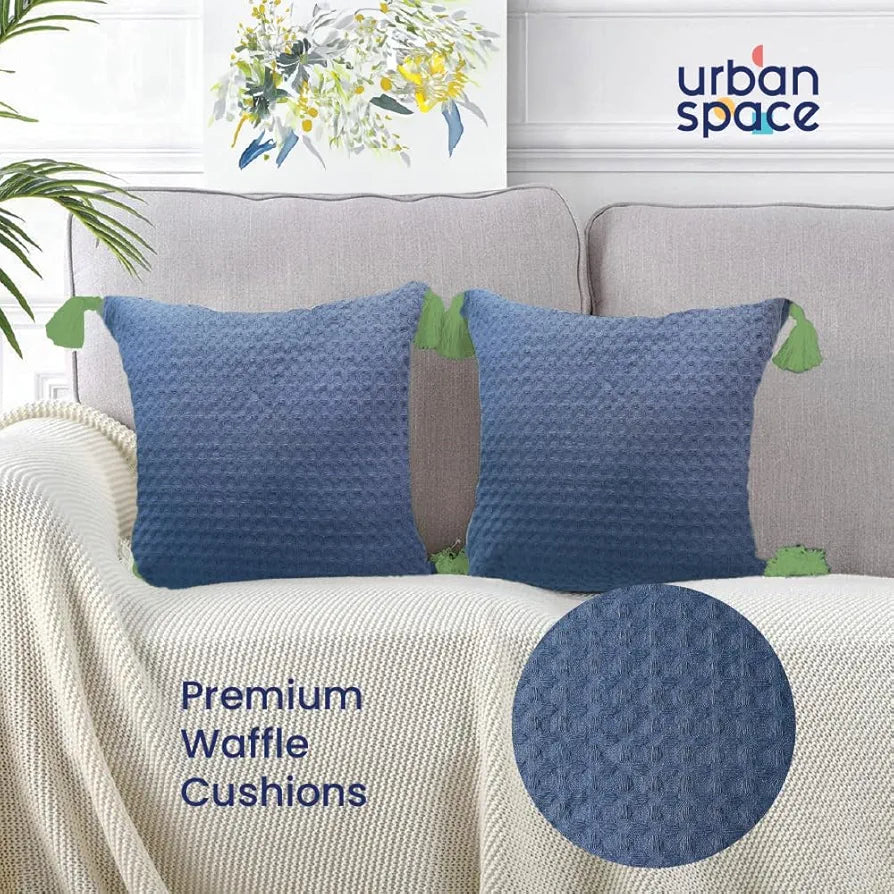 Urban Space Waffle Cotton Cushion Cover Set of 2 Cushion Covers for Sofa, Bedroom, Living Room Waffle Navy