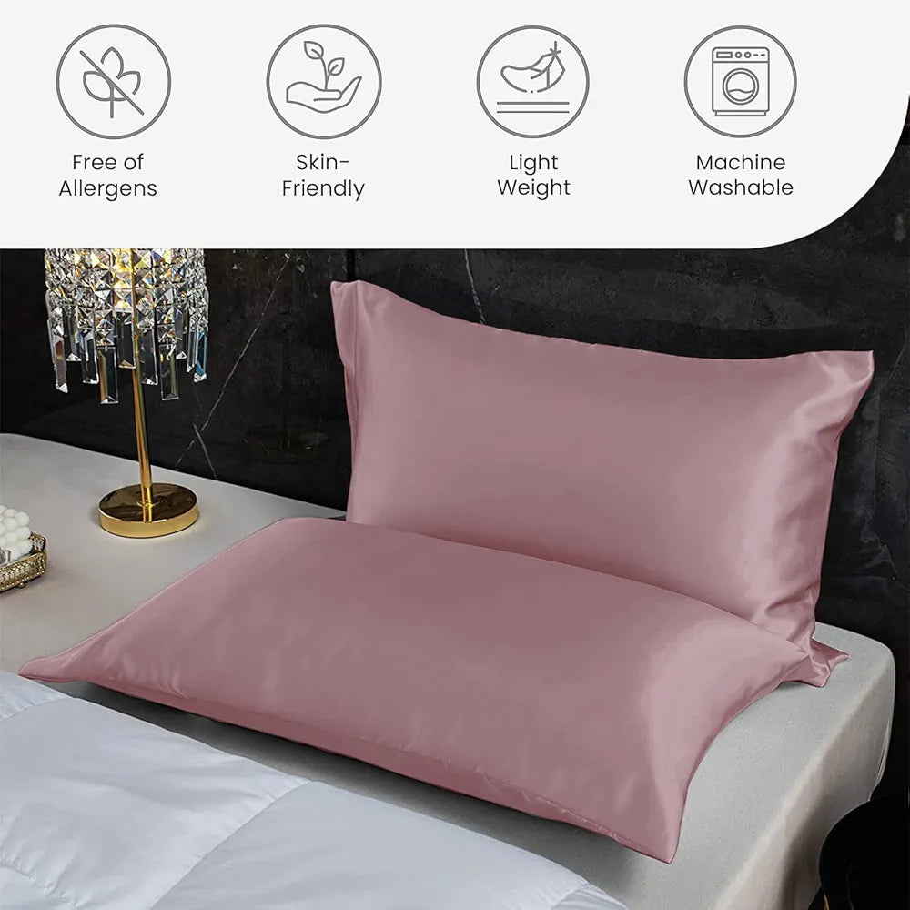 Cloth Fusion Satin Pillow Cover Set of 2 Perfect Pillow Case with 3 Satin Soft Scrunchies Rose Gold