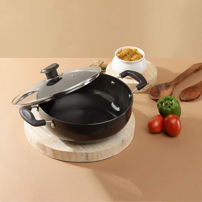 Vinod Black Pearl Hard Anodised Non Stick Deep Kadhai with Glass Lid - 2.6 LTR, 22 cm | 3.25mm Thickness | kadai for Cooking