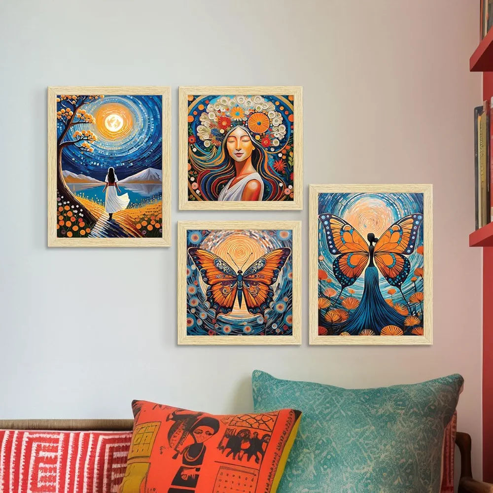 ArtX Paper Women Self Love Butterfly Art Paintings BohoWomen-SO4-01 with Frame Set of 4