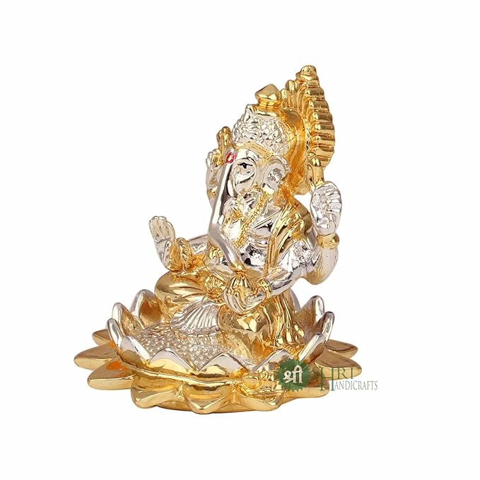 Indicast Gold & Silver Plated Ganesha Idol Murti Sitting on Lotus Kamal Home and Office Decor and Gifts