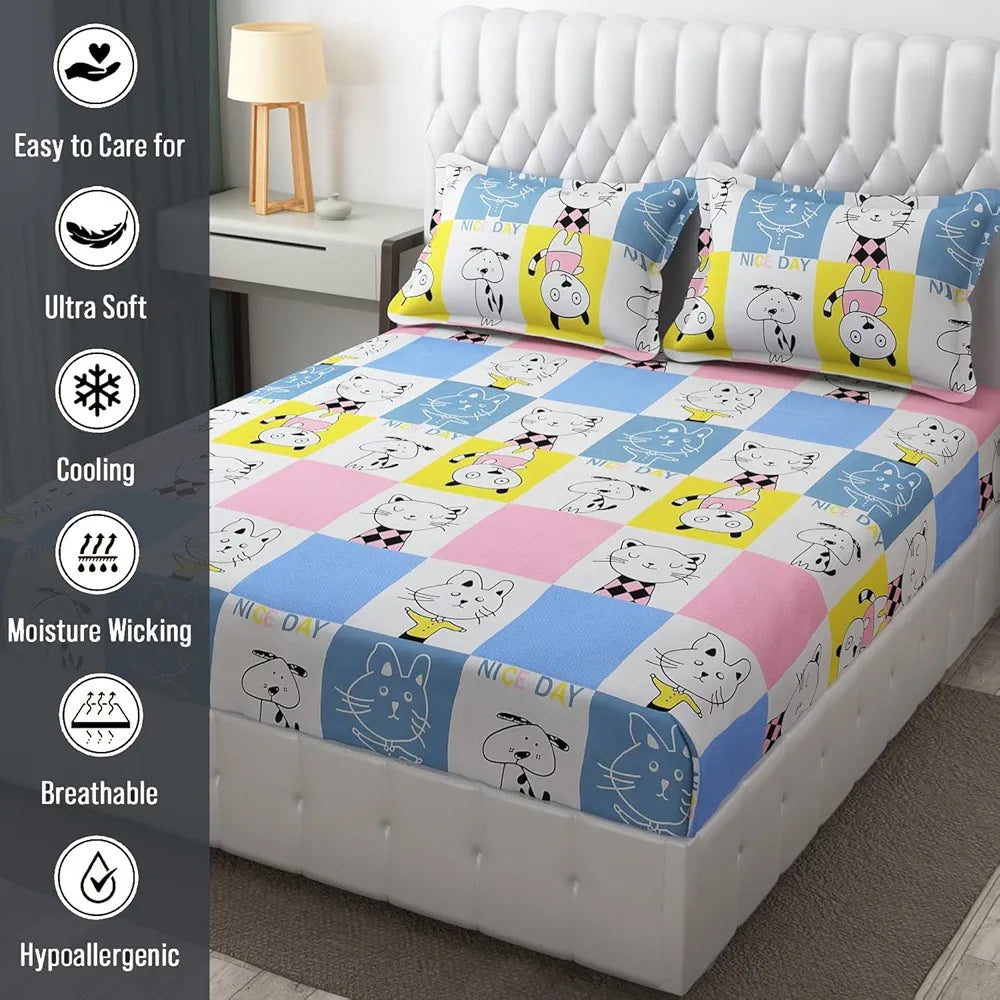 Fresh From Loom Hypoallergenic Glace Cotton Kids Elastic Fitted Bedsheet Rotary Printed Wrinkle Free With 2 Pillow Covers Aqua Pink 300 TC