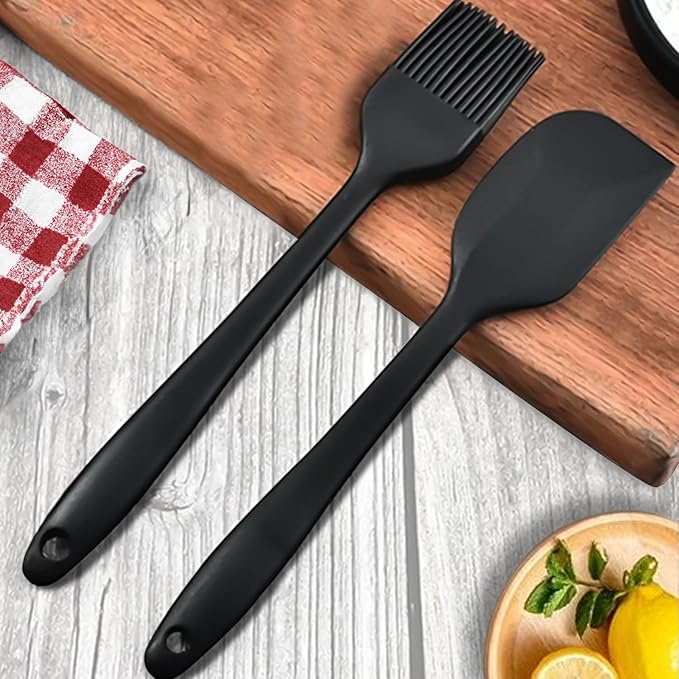 Frenchware Set of 2, Black Oil Brush for Cooking & Non-stick Silicone Spatula Baking & Mixing | Seamless Design