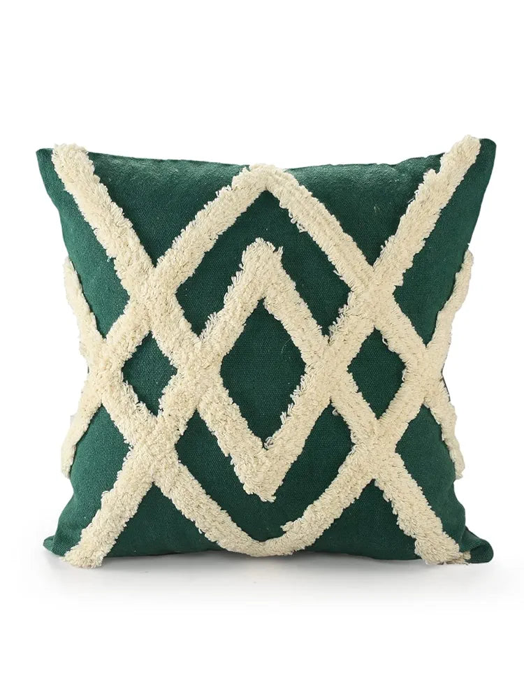 Sashaa World Cotton Cheer Tufted Cushion Cover Ideal For Sofa Ivory & Green