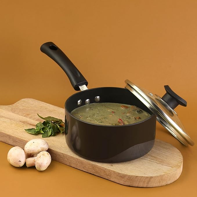 Vinod Hanos Hard Anodised Non Stick Saucepan with Lid - 1.7 Litre, 16 cm | 3.25mm Thick | 5X Long Lasting