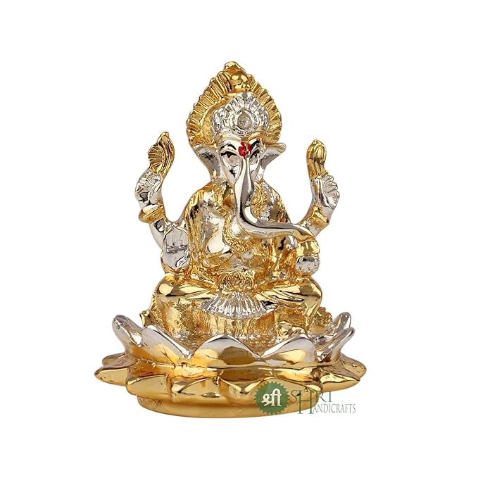 Indicast Gold & Silver Plated Ganesha Idol Murti Sitting on Lotus Kamal Home Decor and Gifts