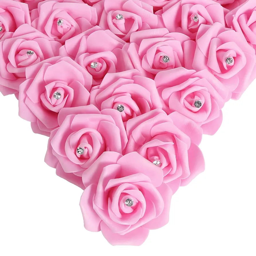 100pcs Pink Foam Rose Artificial Flower Bulk with Crystal 3in Real Looking Stemless Fake Roses